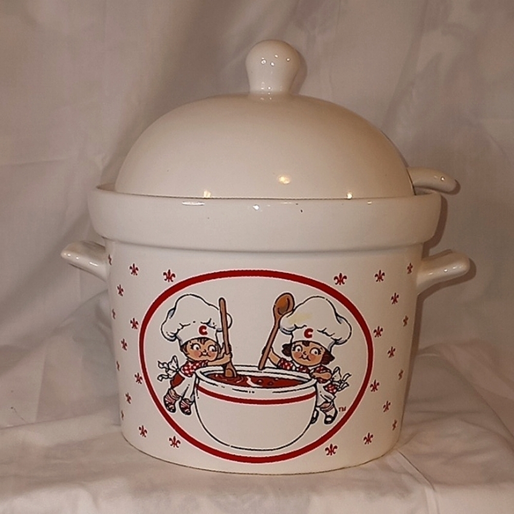 1991 Campbell Soup Company handled soup container crock original lid & ladle